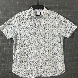 Denim‎ & Flower Men's Large White Blue Floral Print Short Sleeve Button Up Shirt